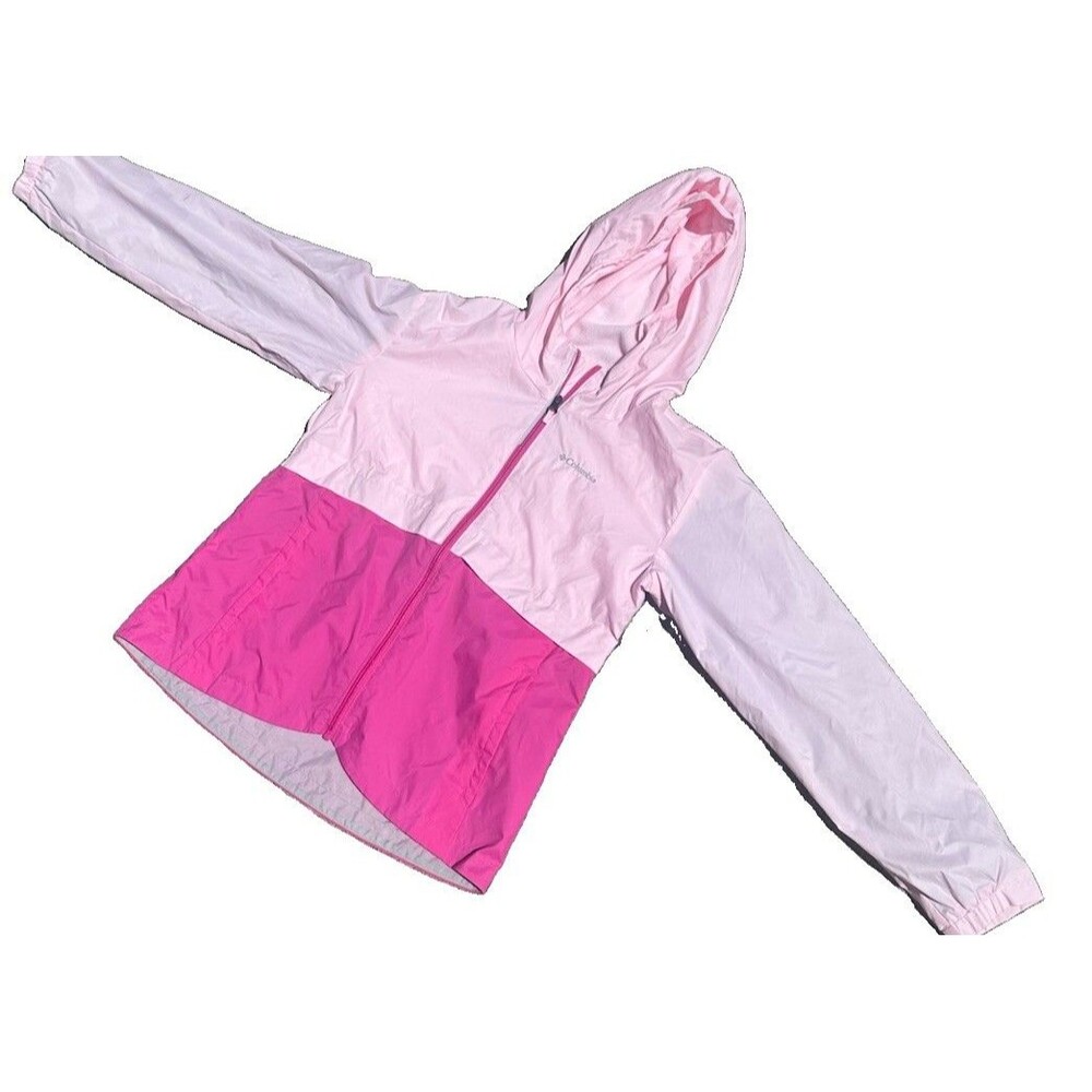 Columbia Girls Large Pink Colorblock Hooded Full Zip Windbreaker Jacket Youth L